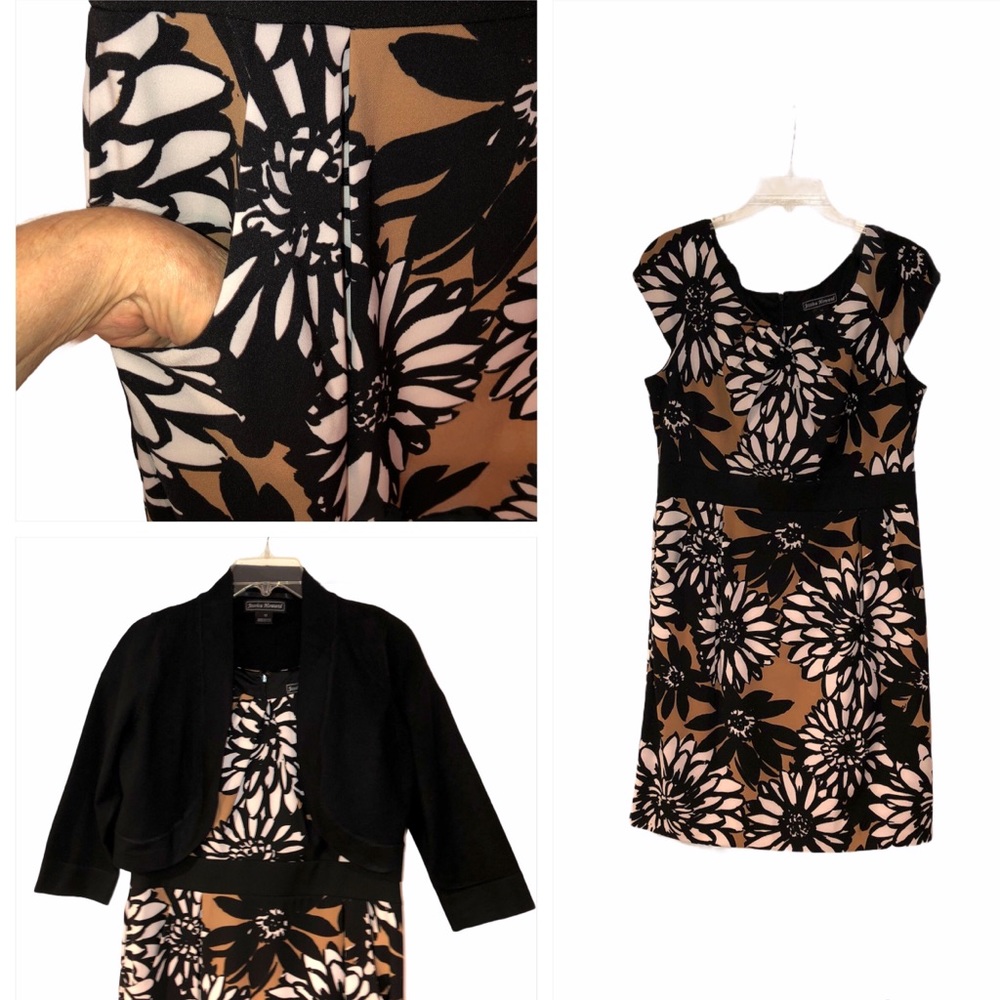 Black and Tan print dress with shrug sweater